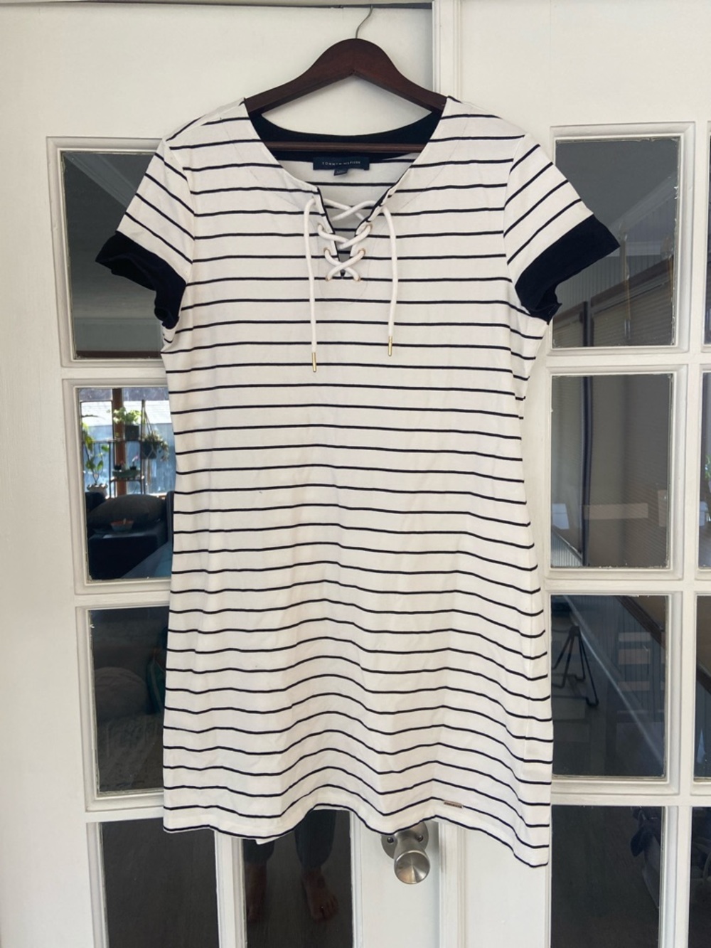 Tommy Hilfiger White & Black Striped Lace-Up Tee Dress